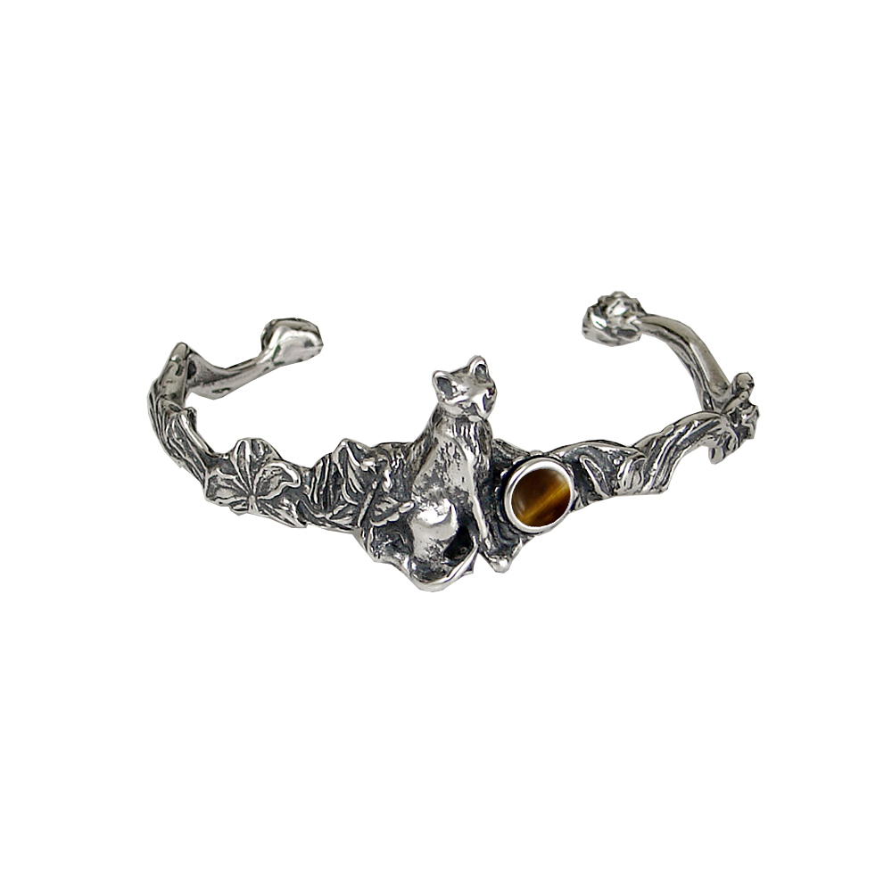 Sterling Silver Cat With Flowers Cuff Bracelet Tiger Eye